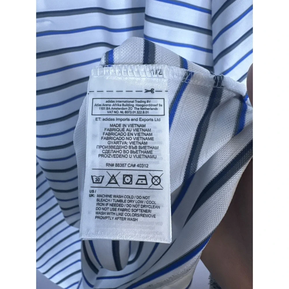 Adidas Golf Puremotion Polo Shirt Mens Large White Blue Striped‎ Z95918 NEW